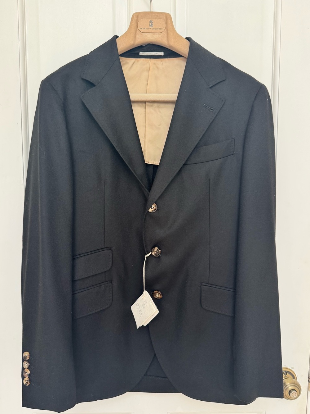 NWT Brunello Cucinelli Black Three-Button Notch Lapel Blazer and Pants, EU 46